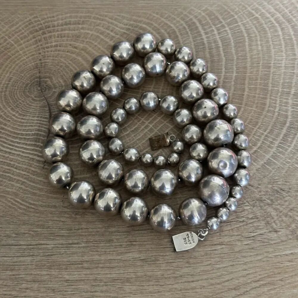 Vintage Sterling Silver .925 Mexico Stamped Beaded Pearl Necklace 30"